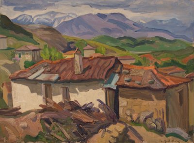 Kastraki Houses with Mountain Background - Copy — Oil painting, Canvas, 54.00×73.00cm — Theodoros Markellos